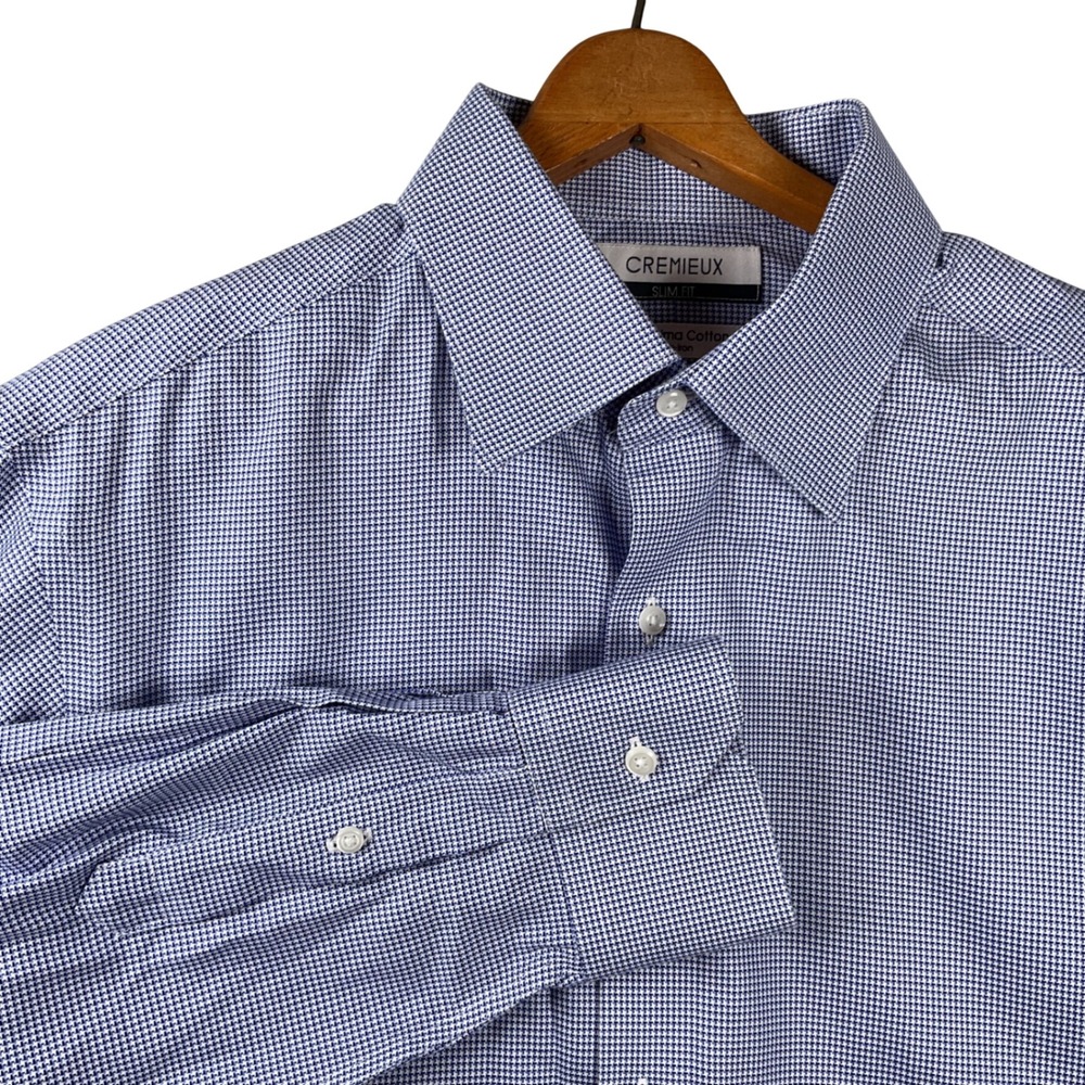 Cremieux Dress Shirt Mens 15.5 33 Blue White Micro Check Pima Cotton Slim Fit